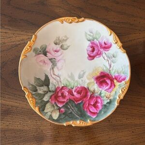 JPL LIMOGES French Tea Roses Plate Made In France Hand Painted Gold Trim W/stand